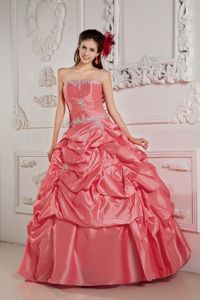 Watermelon Beading Waist Quinceanera Gown with Pick-ups