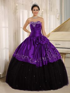 Purple and Black Beaded and Embroidery Dress for Quince with Pick-ups
