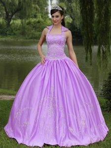 Lilac Square Neck Pleated Beading Quinces Dress with Embroidery