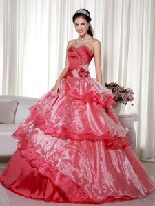 Flower Decorate Waist Watermelon Dress for Quince with Tiers