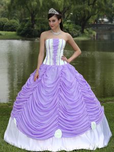 Light Purple and White Ruffled Quince Dresses with Hand Made Flowers