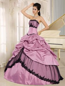 Rose Pink and Black Strapless Dress for Quince with Pick-ups