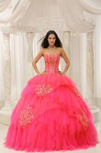 Coral Red Sweetheart Sweet 16 Dresses with Embroidery and Tiers