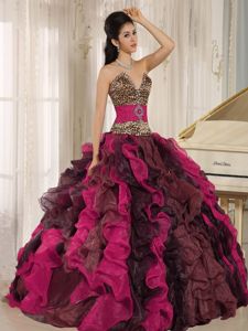 Multi-color Leopard Print Organza Sweet Sixteen Dresses with Ruffles