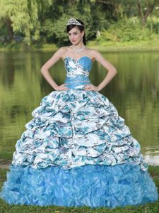 Beautiful Beaded Print Dresses for Quince with Pick-ups and Ruffles