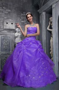 Purple Strapless Embroidery Quinceanera Gowns Organza in Summer