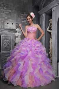 Colorful Ruche and Ruffles Sweet 16 Dress with Floral Embellishment