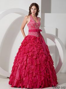 Halter Top Embroidery Dresses for Quince with Ruffled Layers in Red