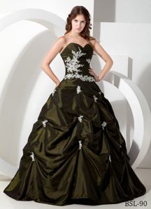 Dark Olive Green Quinceanera Dress with Appliques and Pick-ups