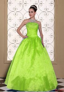 Beaded and Ruched Strapless Spring Green Quinceanera Gowns Dresses
