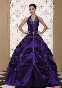 Dark Purple Halter Embroidery Pick ups Quinceanera Dresses Gowns