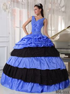 Blue and Black V-neck Dress for Quinceanera with Appliques 2013