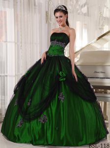 Black and Hunter Green Dress for Quinceanera with Appliques Flowers