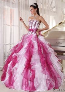 Appliqued and Ruffled Dress for Quinceanera in White and Fuchsia