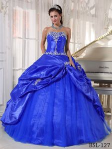Blue Organza and Tulle Dresses for A Quince with Appliques Pick ups