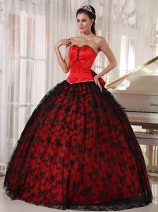 Red and Black Tulle Sweetheart Dresses for A Quince with Bowknot