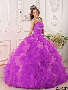 Beaded Fuchsia Organza Dresses for A Quinceanera with Ruffles
