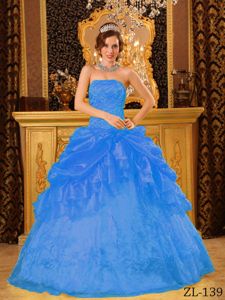Blue Ball Gown Organza Dresses for A Quinceanera with Appliques