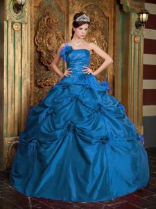 Ruched and Beaded Teal Taffeta Feather Sweet Sixteen Dresses