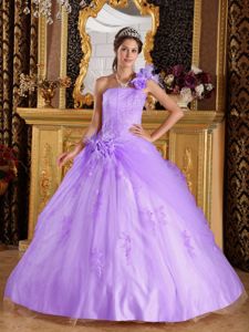 Flowery One Shoulder Lilac Sweet Sixteen Dresses with Appliques