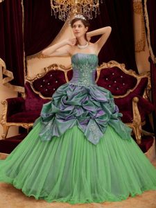 Two Toned Green Strapless Quinceanera Gown with Pick ups Appliques
