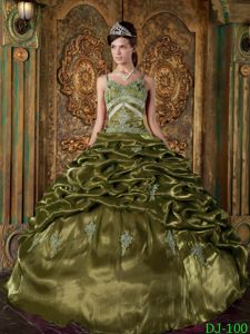 Olive Green Spaghetti Straps Floor-length Beading Quinceanera Dress