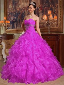 Beautiful Fuchsia Sweetheart Ruched Organza Beading Quinceanera Dress