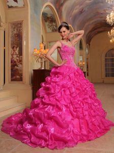 New Spaghetti Straps Hot Pink Bubbled Organza 15 Gown V-neck