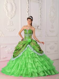 Hand Flower Decorate 2013 Spring Green Sweet 16 Dress Tiered
