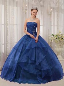 Popular Ball Gown Strapless Beaded Navy Blue Sweet 16 Dress