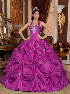 Halter Fuchsia Quinceanera Dresses with Pick Ups and Appliques