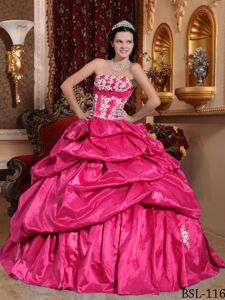 Hot Pink Strapless Sweet 16 Dress with Pick Ups and Appliques