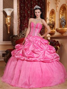 Corset Back Rose Pink Beaded Sweet 16 Dresses with Pick Ups