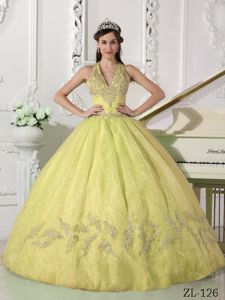 Haltered V-neck Yellow Puffy Ball Gown Sweet Sixteen Dresses