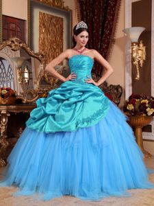 Quinceanera Dress with Blue Organza Pick-ups and Tulle Ruffles