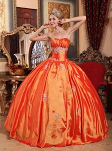 Cheap Orange Ruched Bust Quinceanera Dresses with Appliques
