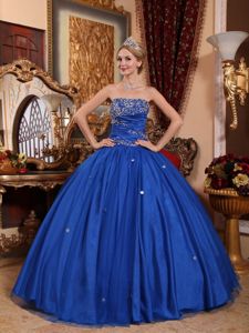 Royal Blue Strapless Appliqued Sweet 16 Dresses with Puffy Skirt