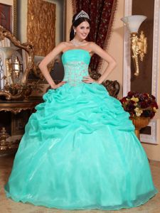 Best Seller Dress for Quince in Turquoise with Organza Pick-ups
