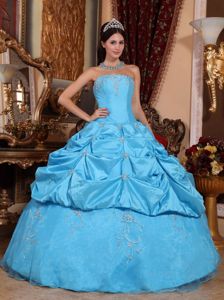 Strapless Appliqued Blue Colored Quinceanera Dresses with Pick-ups