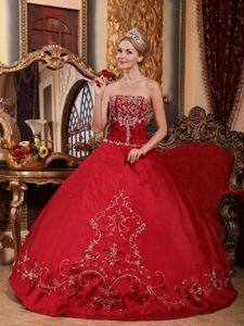 Wine Red Satin Quinceanera Gown with Embroidery and Beading