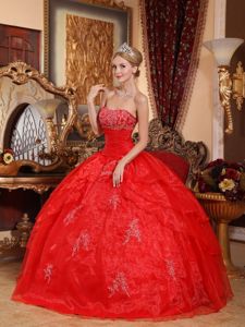 Red Quinceanera Gown with Appliques and Beading in Organza