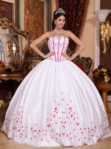 White Taffeta Quinceanera Dress with Beading and Pink Embroidery