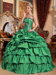Green Sweet 15 Dress with Pick-ups and Embroidery in Taffeta