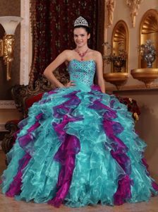 Sweetheart Teal and Purple Quinceanera Dress with Beading and Ruffles