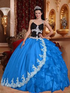 V-neck Baby Blue and Black Quinceanera Dress with Appliques and Embroidery