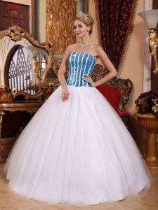 Strapless White and Blue Quinceanera Dress in Tulle and Shinning Fabric