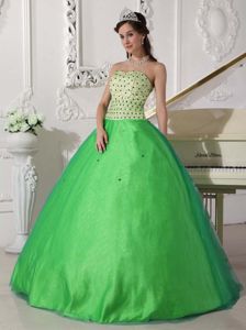 Green Sweet 16 Dress with Colored Beading in Tulle and Taffeta