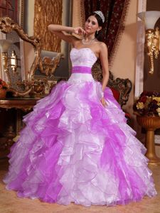 White and Fuchsia Sweet 15 Dress with Beading and Ruches in Organza