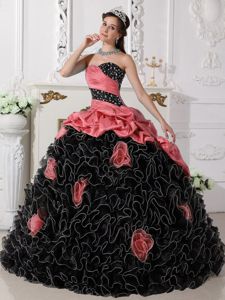 Coral Red and Black Sweet 15 Dress with Beading and Rolling Flowers
