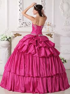 Hot Pink Sweetheart Taffeta Sweet 15 Dress with Beading and Ruches
